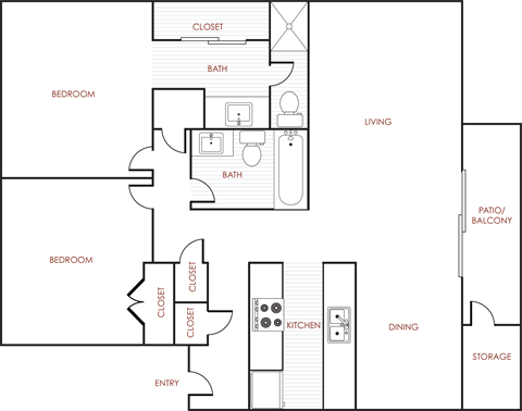 Floor plan for 2 beds, 2 baths, 876 sqft
